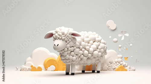 Creative Concept of Sheep is surrounded by colorful balloons and a white background. 3D Rendered,