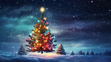 Night winter forest fantasy landscape with a Christmas decorated tree. Created with Ai