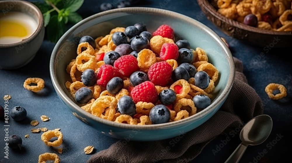 A bowl of cereal with berries and blueberries A bowl of cereal with berries and blueberries
