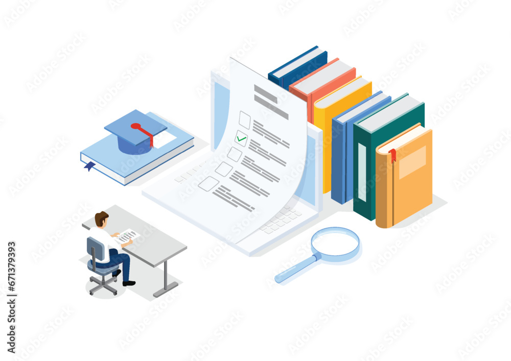 Isometric flat vector concept of online testing, Questionnaire form, Online education, Survey, Internet exam.