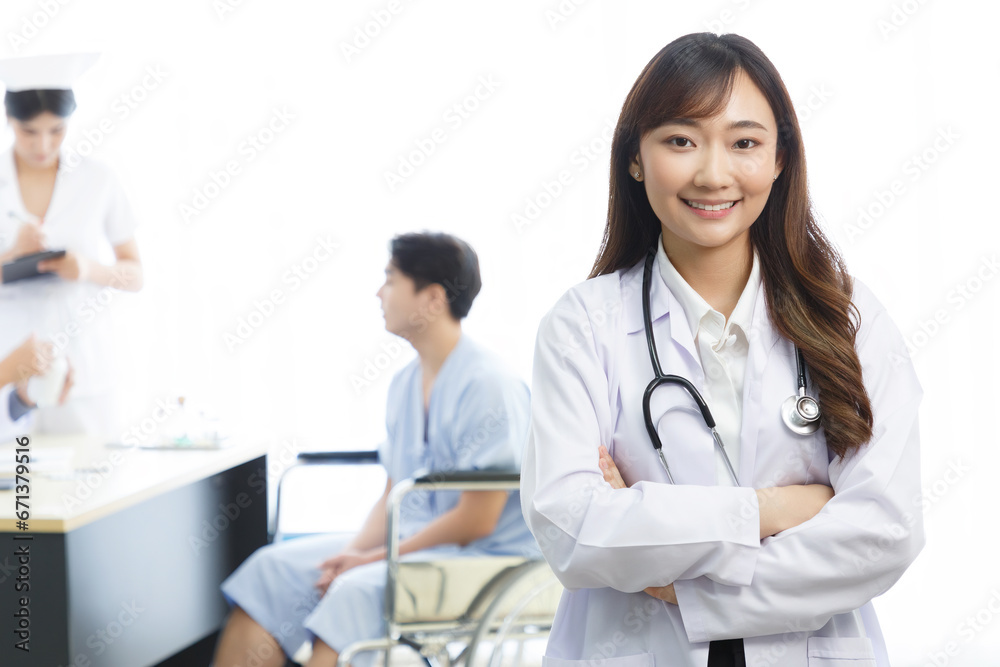 Beautiful and cheerful good mood young lady asian doctor dressed uniform smiling arm stethoscope on hospital background. Beautiful and cheerful good mood young lady asian doctor dressed uniform smiling arm stethoscope on hospital background.
