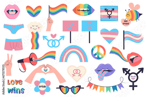 LGBTQ and transgender visibility set of symbols. LGBTQ set. Rainbow icons of the LGBT pride community. Pride month, bisexual, transgender, gender equality, rights concept.