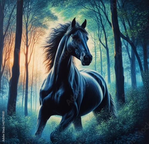 Stunning image of a black horse in a forest is sure to capture the attention of any viewer., adding a personal touch to the image. The horse appears to be galloping through the trees, with its mane an