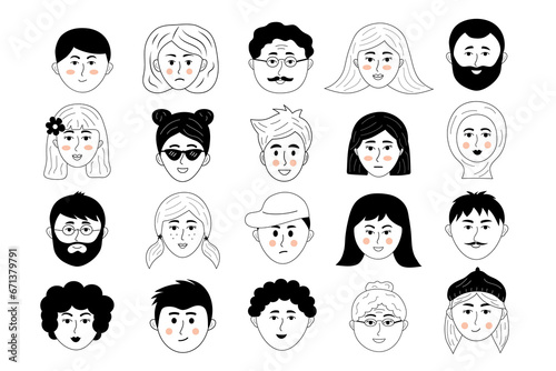Human faces doodle set. People avatars of different sex, nationality, age and facial expression for social networks, website. Hand drawn  sketches of young, old men and women.