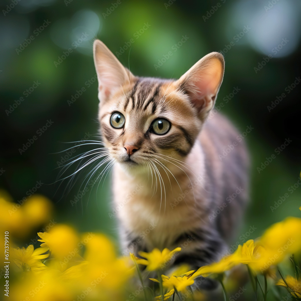 Gatito atigrado caminando por el campo entre unas flores amarillas 