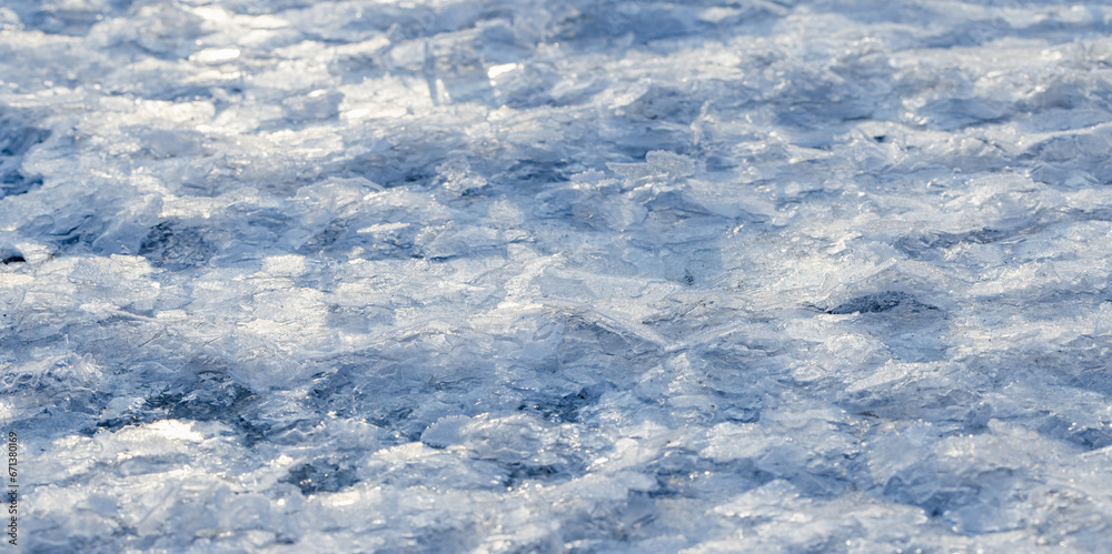 Frozen river surface with fragments of thin ice, natural panoramic background