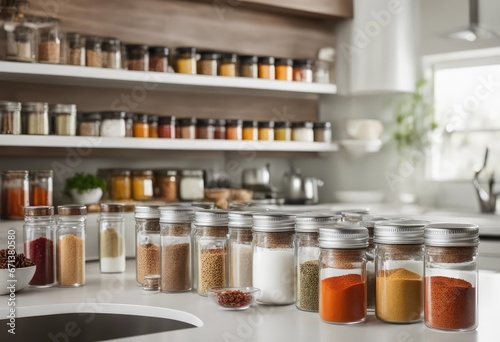 well-organized spice bottles in the white kitchen, stock photography