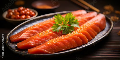A plate of salmon sashimi with a red sauce on it., "Sushi Delight: Fresh Salmon Sashimi in Vibrant Presentation"