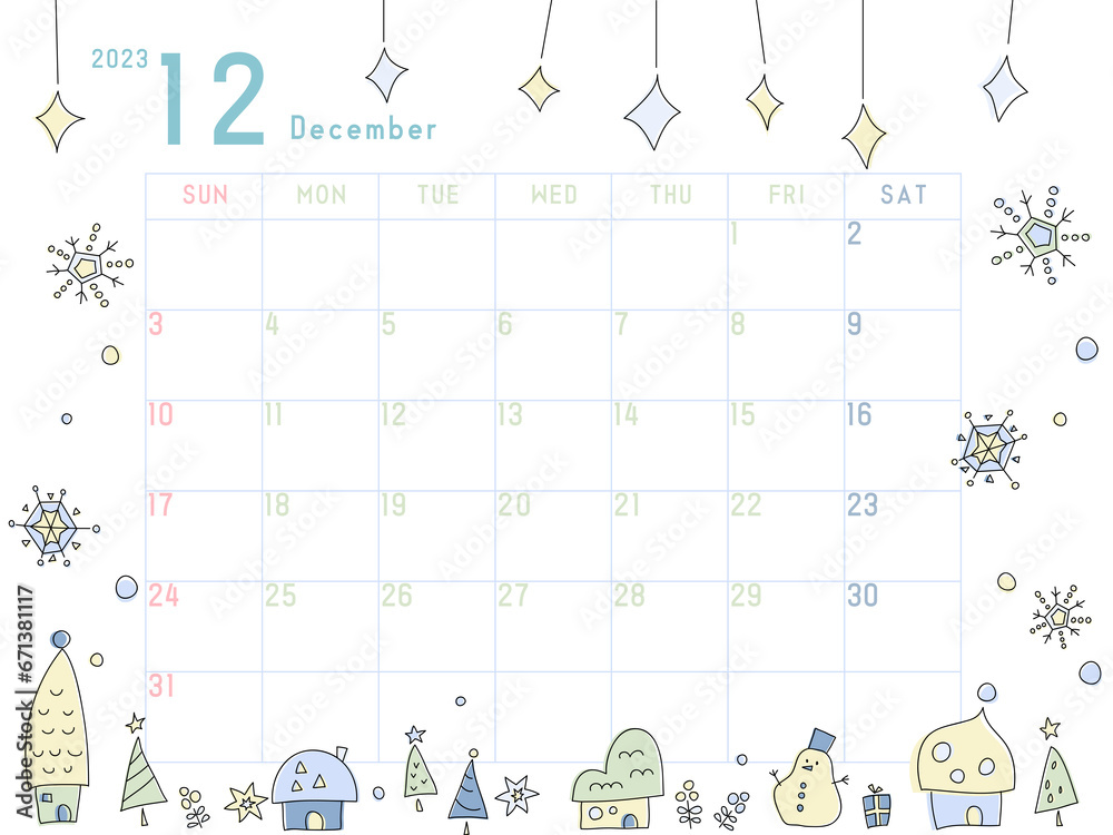 2023年12月のカレンダー　冬のまちなみ柄