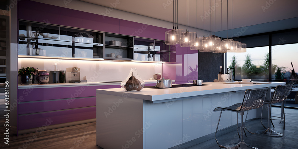 purple kitchen with a view of the trees, 