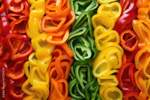 Mixed sliced multi colored sweet bell pepper background