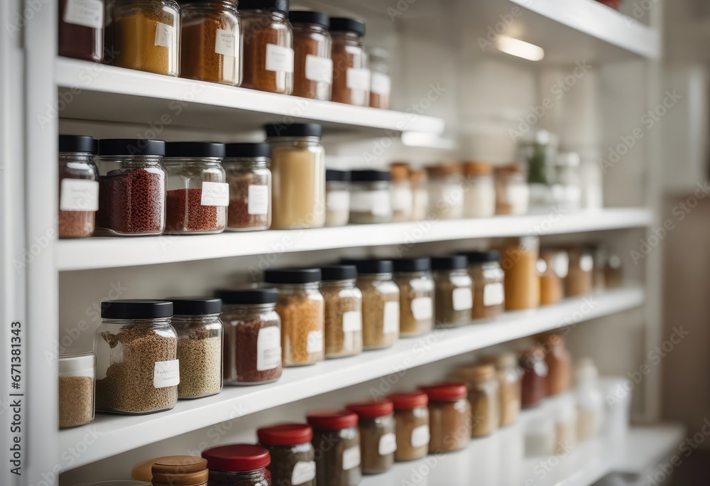 well-organized spice bottles in the white kitchen, stock photography