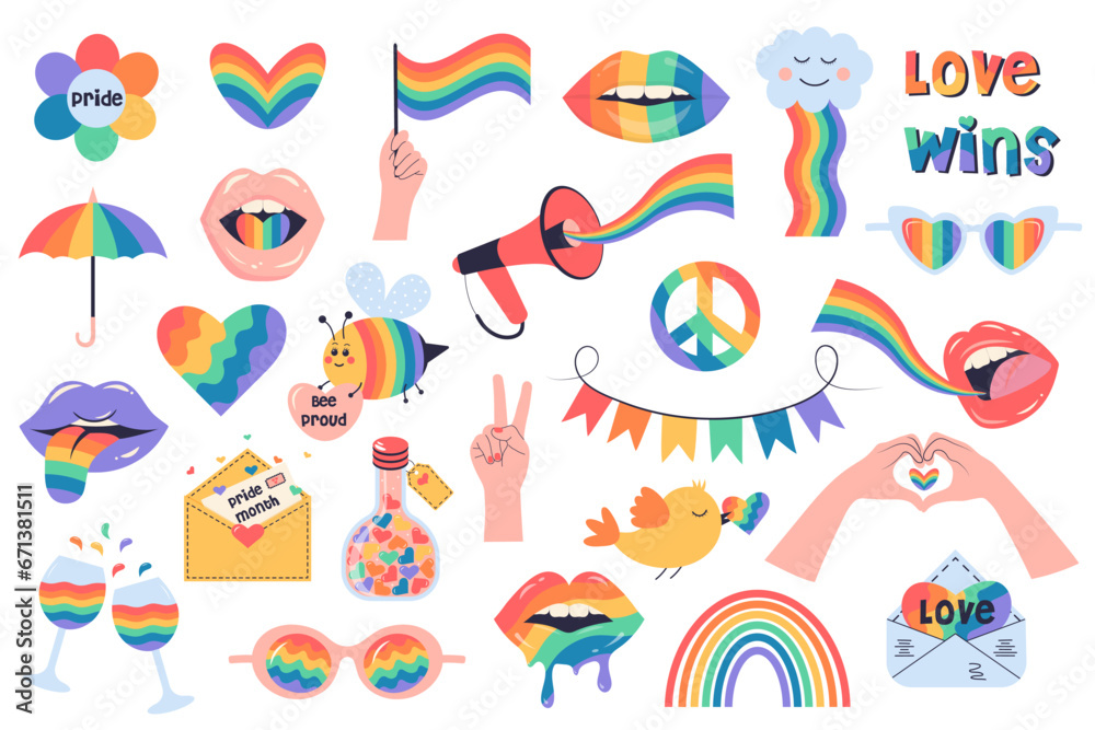 LGBTQ set of symbols. LGBTQ sticker pack set. Rainbow icons of the LGBT pride community. Pride month, bisexual, gender equality, rights concept. LGBTQ set of symbols. LGBTQ sticker pack set. Rainbow icons of the LGBT pride community. Pride month, bisexual, gender equality, rights concept.