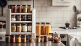 well-organized spice bottles in the white kitchen, stock photography