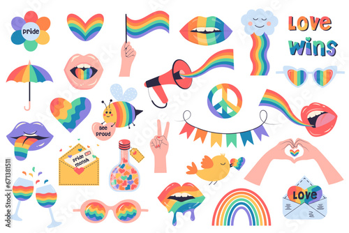 LGBTQ set of symbols. LGBTQ sticker pack set. Rainbow icons of the LGBT pride community. Pride month, bisexual, gender equality, rights concept.