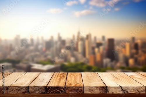 The empty wooden table top with blur background of city skyline. Exuberant image. generative ai © Summit Art Creations