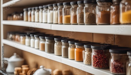 well-organized spice bottles in the white kitchen, stock photography