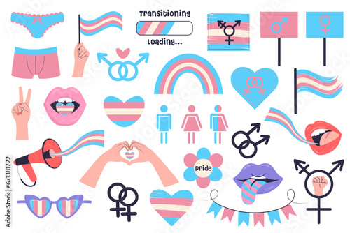 Transgender visibility set of symbols. LGBTQ sticker pack. Rainbow pink and blue icons. Pride month, bisexual, gender equality, human rights, transgender transsexual concept.