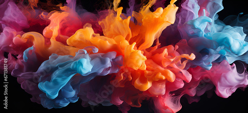  Abstract background with smoke waves rainbow colors with flowing swirls Acrylic paints in water and ink pigment underwater dynamic effect Horizontal illustration for banner design.AI Generative