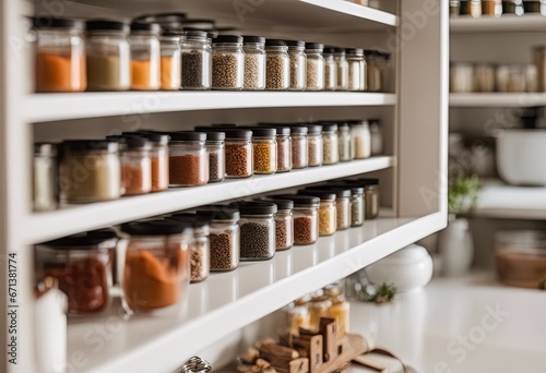 well-organized spice bottles in the white kitchen, stock photography