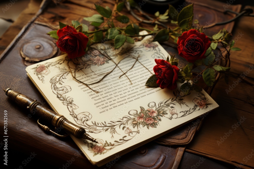 Sentimental Pen Old letters, rose flower and antique feather pen. Romantic sentimental ...