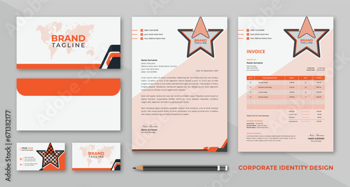 Corporate business stationery set with an abstract geometric design. Office stationery business cards, letterhead, invoice and envelope design bundles.
