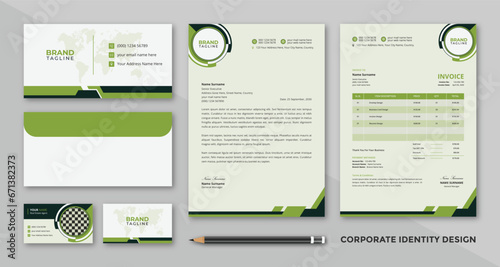 Corporate business stationery set with an abstract geometric design. Office stationery business cards, letterhead, invoice and envelope design bundles.