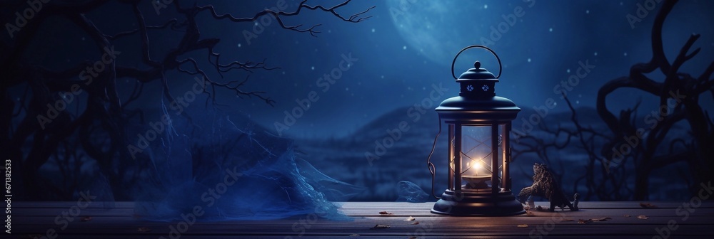 Romantic Dark night magic scene with night lanterns on a wooden table. Smoke, magic, magical, fabulous night. Blue neon, moonlight at night