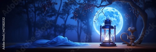 Romantic Dark night magic scene with night lanterns on a wooden table. Smoke, magic, magical, fabulous night. Blue neon, moonlight at night