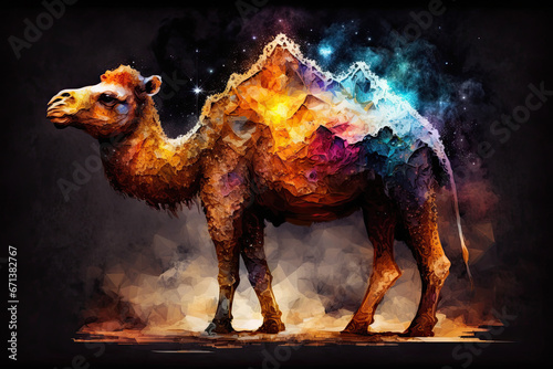 A painting of a camel with mountains in the background.