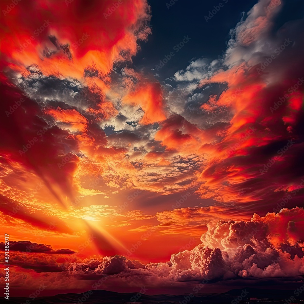 Dramatic sunset sky with clouds and sun rays Nature background