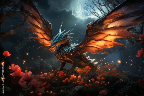 Mystical dragons flying through a mystical forest