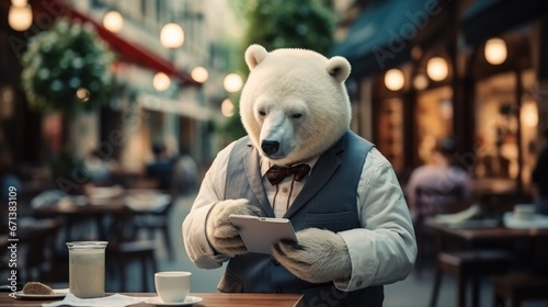 Anthropomorphic White Bear in Business Attire Using a Tablet While Enjoying Coffee at an Outdoor Coffee Shop
