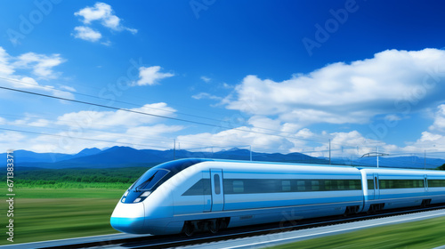 A high-speed train racing through picturesque countryside, its sleek design cutting through the landscape.