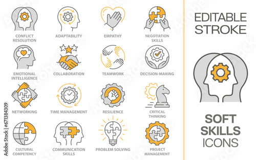 Soft skills icons, such as ability, teamwork, problem solving, empathy and more. Editable stroke.
