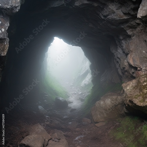 Entrance to a cave with a light coming through the hole