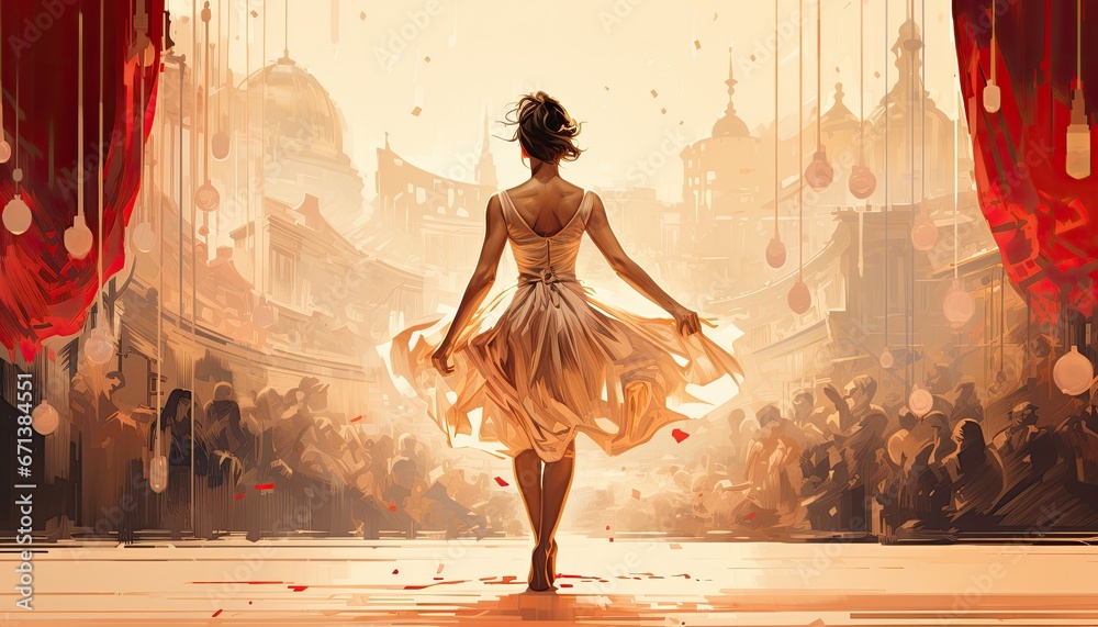 Illustration Showcasing the Rear View of a Ballerina Stepping onto the Stage, Embarking on a Beautiful Performance - obrazy, fototapety, plakaty 