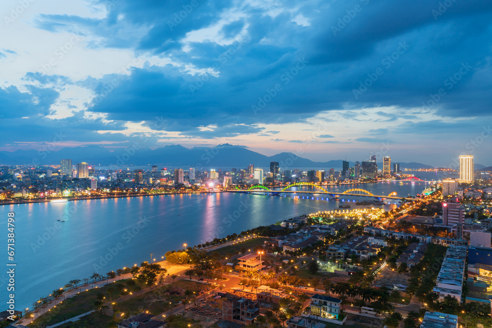 Fototapeta premium Da Nang panorama view by Han river by twilight period.