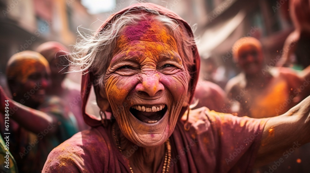 Old Indian woman dancing in the street of India, Holi festival, Phagwah, Bhojpuri, multi-colored powder , festival of colors