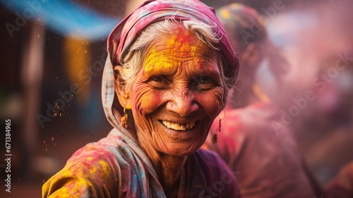 Old Indian woman dancing in the street of India, Holi festival, Phagwah, Bhojpuri, multi-colored powder , festival of colors © Mariya Surmacheva