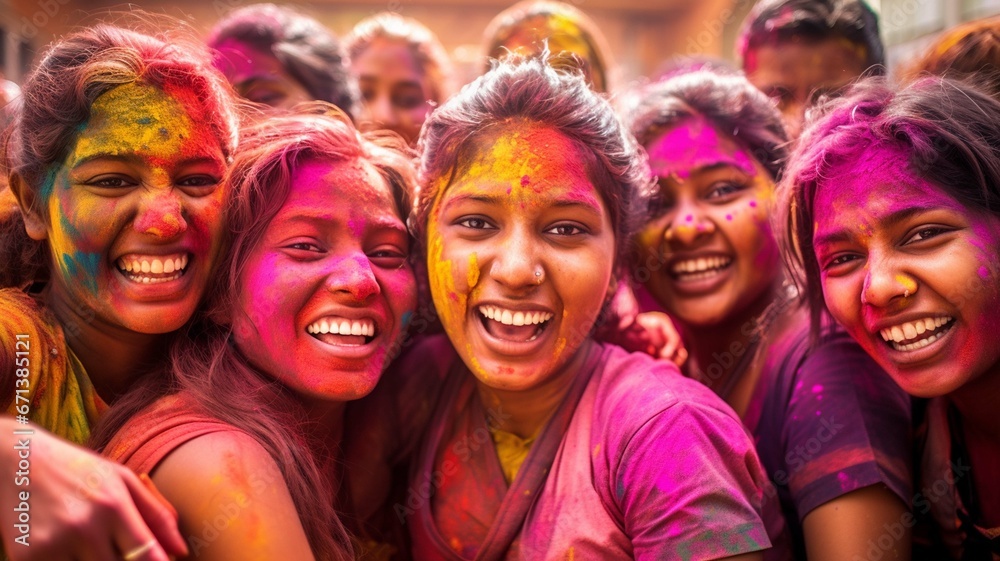Laughing Indian people dancing in the street of India, Holi festival, Phagwah, Bhojpuri, multi-colored powder , festival of colors