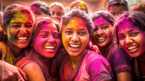 Laughing Indian people dancing in the street of India, Holi festival, Phagwah, Bhojpuri, multi-colored powder , festival of colors