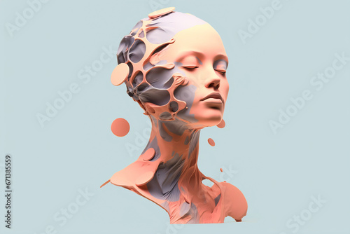 Female body mannequin sculpture with closed eyes on a pastel blue background