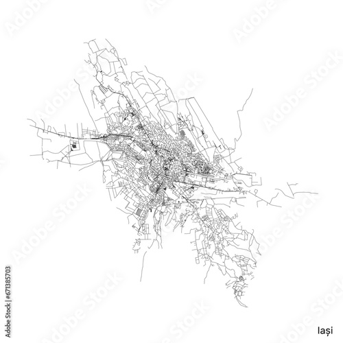 Iasi city map with roads and streets, Romania. Vector outline illustration.
