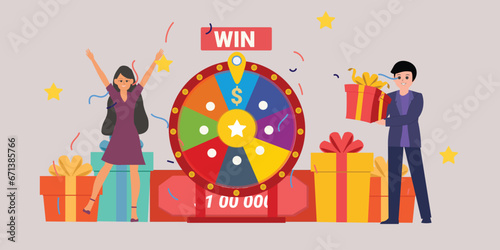 Fortune wheel with people. Man and woman spinning roulette wheel. Risk game and casino lottery vector concept. Illustration of winner people woman and man in casino , Win the contest