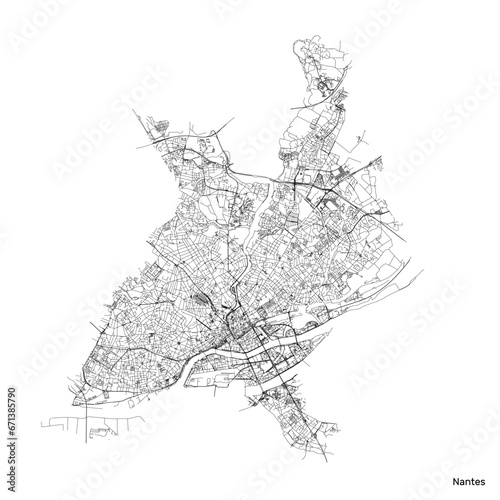 Nantes city map with roads and streets, France. Vector outline illustration.