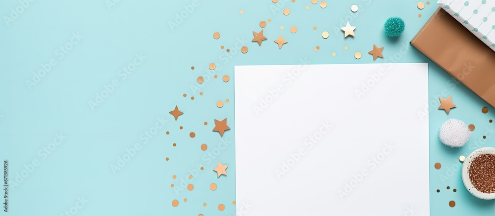 Paper background mockup with stationary items arranged in a flat lay from above