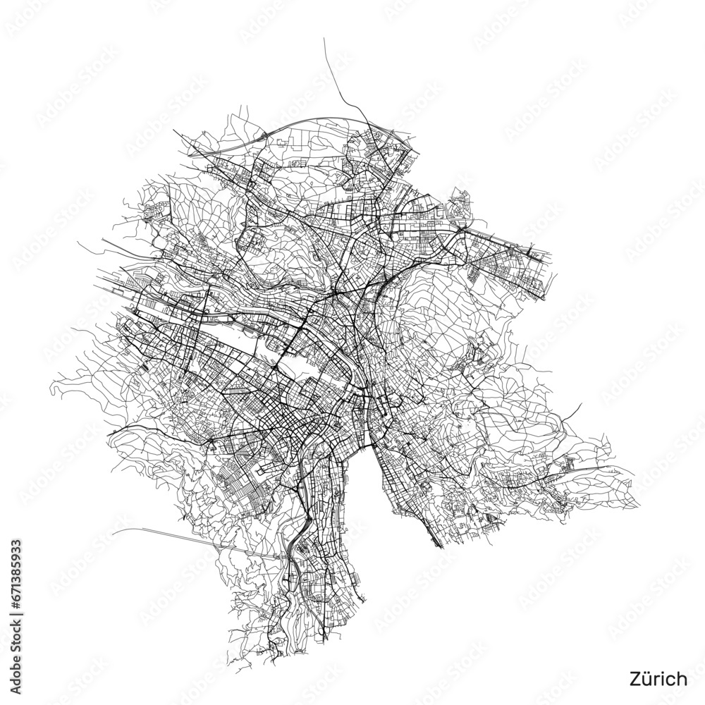 Zurich city map with roads and streets, Switzerland. Vector outline illustration.