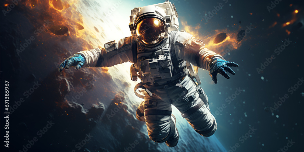 An astronaut in space with a space suit in the background.Cute astronaut floating in outer space digital art adventure background AI Generated Art
