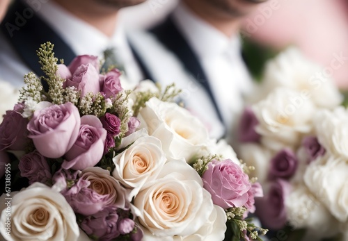 Two grooms, one love: A close-up of a wedding bouquet symbolizing equality and partnership, set against a blurred background. photo